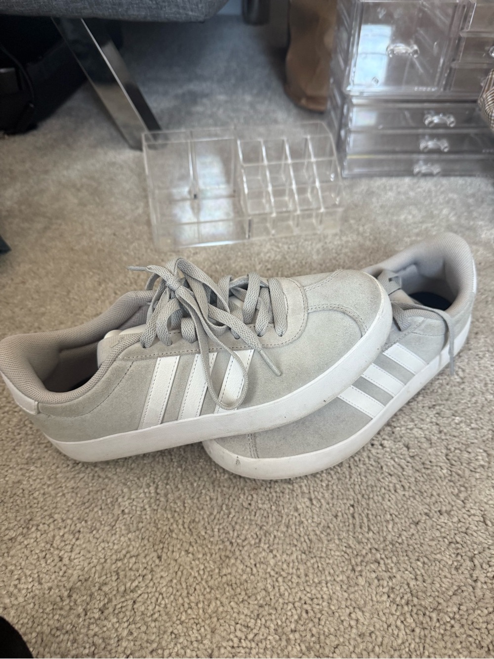 adidas Kids Light Gray Suede Sneakers with White Stripes